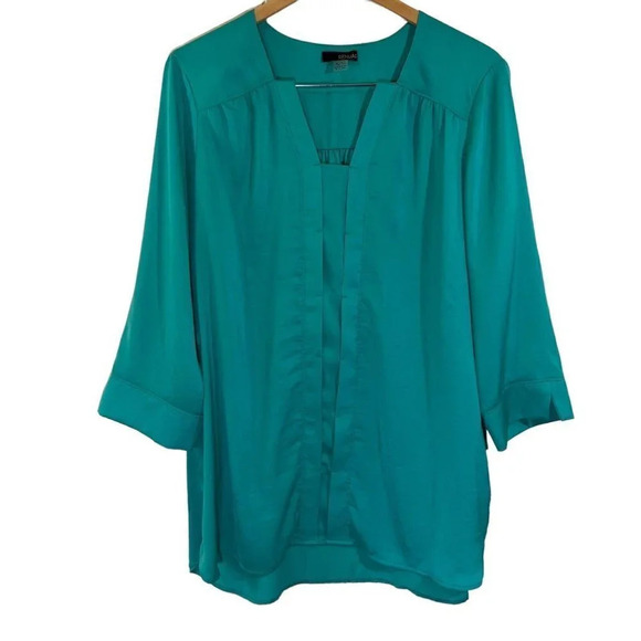 Renuar Aqua Blue Tunic Blouse Size XL Silky 3/4 Sleeves Pleated Lightweight Top - Picture 1 of 9